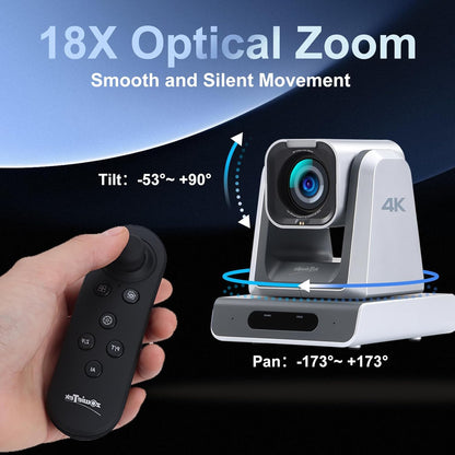4K USB/HDMI/LAN PTZ Camera, Ergo-Ease Remote Control, Auto Focus, 18X Optical Zoom, Live Streaming for Video Conference, Meeting, Church, Event, Teaching