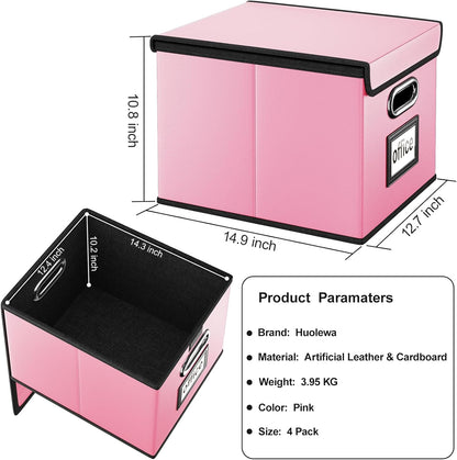 Huolewa Portable Leather File Organizer Boxes with Lids, Office Document Boxes Organizer, Filing Boxes, Decorative Small File Boxes for Hanging Files, File Cabinet for Office/Home - 4 Pack