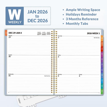 SUNEE 2026 Weekly and Monthly Planner - from January 2026 - December 2026, 8.5"x11" Daily Agenda Planner with Monthly Tab, Flexible Cover, Note Pages, Pockets, Bookmark, Spiral Binding, Gray Blue
