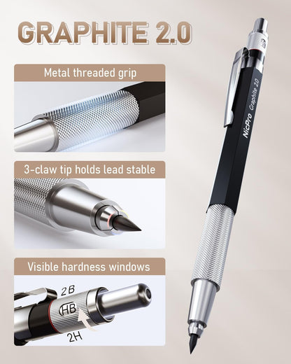 Nicpro 30PCS Art Mechanical Pencil Set in Leather Case, Metal Drafting Pencil 0.5 mm, 0.7 mm, 0.9 mm & 3 PCS 2mm Lead Holders for Sketching Drawing With 16 Tube (6B 4B 2B HB 2H 4H Colors) Lead Refills