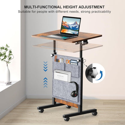 KOUPA Height Adjustable Standing Desk with Storage Bag widths16 in Length 24 in, Portable Rolling Mobile Stand Up Table with Wheels, 360 Degree Flip Laptop Computer Desk for Home Office, Rustic Brown