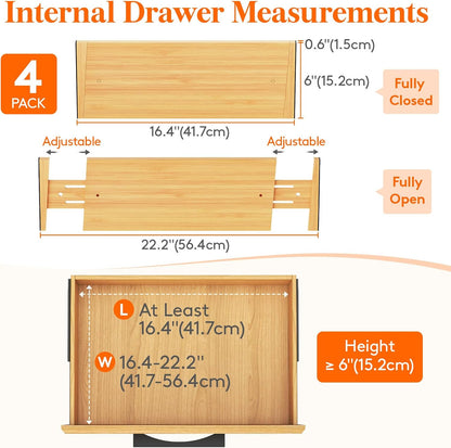 Lifewit 4 Pack Drawer Dividers Bamboo 6" High, 16-22" Adjustable Clothes Drawer Organizers, Expandable Dresser Separators in Bedroom/Bathroom/Kitchen/Office Organization and Storage