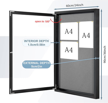 Enclosed Bulletin Board Outdoor Noticeboard with Locking Door, Weather-Resistant, Grey Felt, Black Aluminum Frame, 36 x 24 in