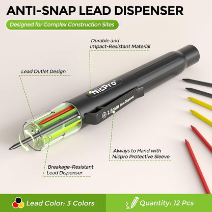 Nicpro 12 Pcs Carpenter Pencil 2.8mm Lead Refills, Replacement Lead Dispenser (including 4x Black, Red, Yellow), Break Resistant 2.8 mm Leads for Construction Pencils, Woodworking Pencils