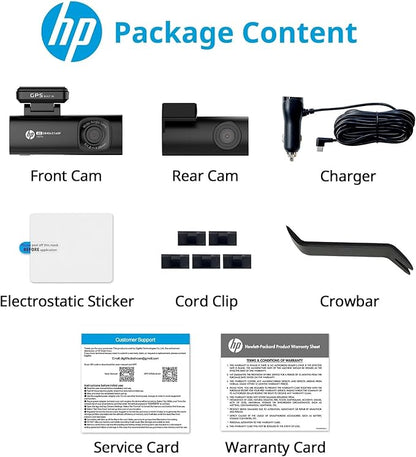 HP Dash Cam Front and Rear, 4K + 1080P Dual Camera for Car, Built-in 64GB Card, Night Vision, APP Control, Emergency Recording, G-Sensor, WDR Technology, Support Parking Mode (Hardwire Kit Required)
