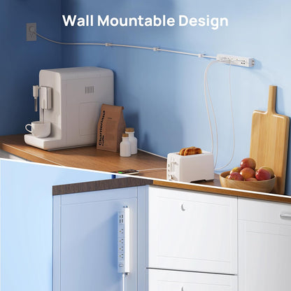 TROND Surge Protector Power Strip with USB, Ultra Thin Flat Plug 10ft Long Extension Cord 1625W, 3 USB A & 1 Type C, 4 AC Outlets 1440J Surge Protection Wall Mount for Home Office Dorm Room, White