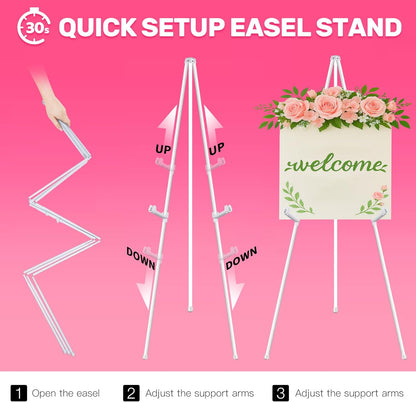 3 Pack White Easel Stand for Sign & Poster - 63" Adjustable Metal Easels for Wedding Welcome Sign, Painting, Canvas, Art Display - Portable Folding Tripod with Carry Bag, Holds 5 Lbs