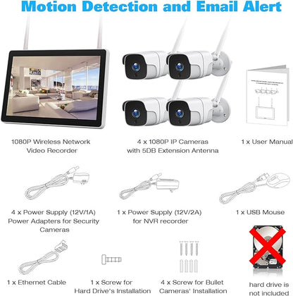 Wireless Security Camera System with 12" Monitor &500GB HDD, 8CH NVR Security Camera System Wireless Outdoor with 4pcs WiFi Cameras, Night Vision 24/7 Recording (500GB HDD+4cam+12" Monitor)