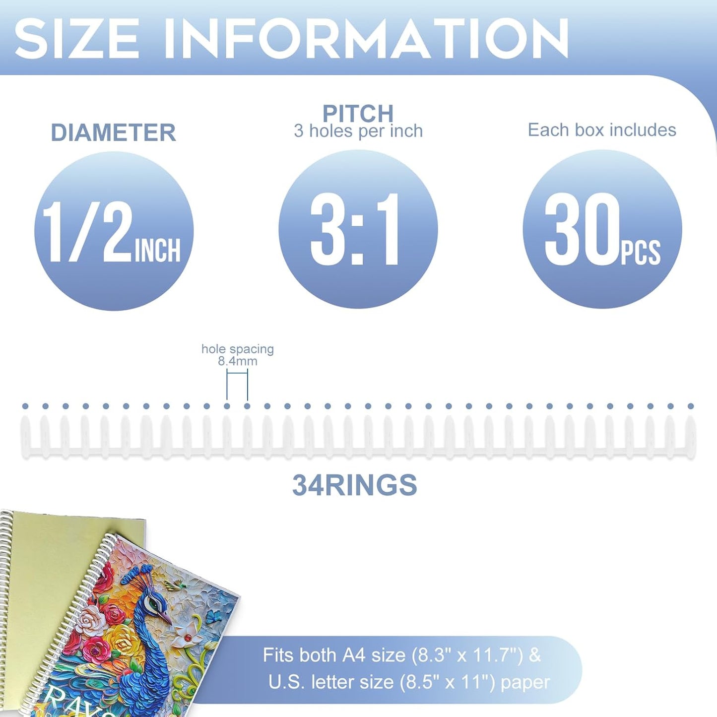Rayson PROC1230WT Click Binding Spines, 3:1 Pitch, 1/2" Diameter, 90 Sheets Binding Capacity, White, 30/Box
