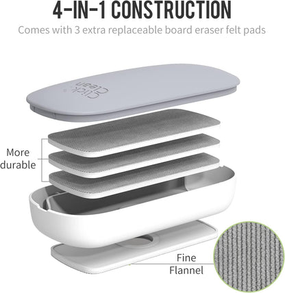 CLICK CLEAN Replaceable Dry Erase Board Eraser, 4-in-1 Magnetic Whiteboard Eraser with 3 Replaceable Felt Pads, Free 3.4oz Whiteboard Cleaner Included, Intended for Classroom, Home and Office