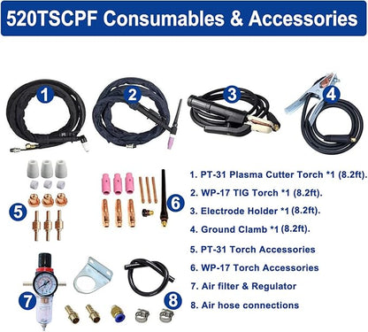 Plasma Cutter TIG Welder With PULSE Stick Welder Machine 520TSCPF Plasma Cutter Welder Combo 200A TIG/ARC Welding 50A Air Plasma Cutting Dual Voltage 110/220V 1/2" Clean Cut Upgrade Digital Panel