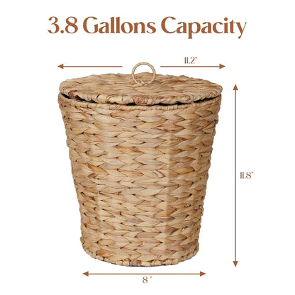 YANGQIHOME Wicker Trash Can with Lid, Water Hyacinth Garbage Can, Handwoven Wicker Waste Basket in Bathroom, Bedroom, Office, Living Room, Laundry Room, Blanket Basket 3.8 Gallon