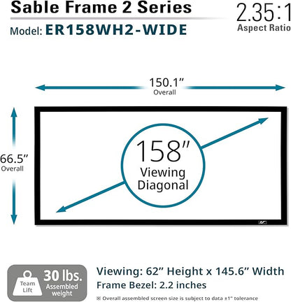 Elite Screens Sable Frame 2, 158-inch Diagonal 2.35:1, Active 3D 4K Ultra HD Ready Fixed Frame Home Theater Movie Office Presentations Indoor Front Projection Projector Screen, ER158WH2-WIDE, Black