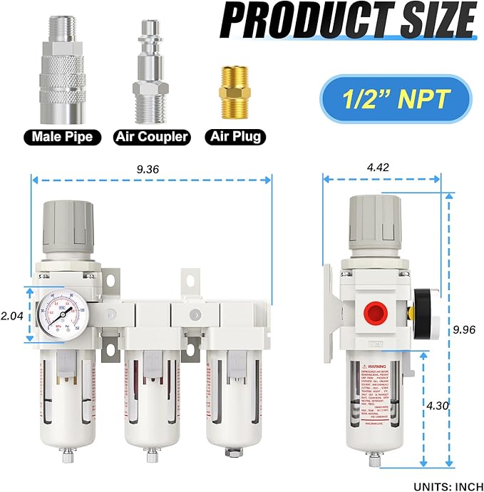 1/2" NPT 3 Stage Aluminium Air Drying System with 150PSI Gauge, Coalescing Filter, Particulate Filter, Desiccant Dryer and Air Regulator, Manual Drain For Plasma Cutter and Paint Spray