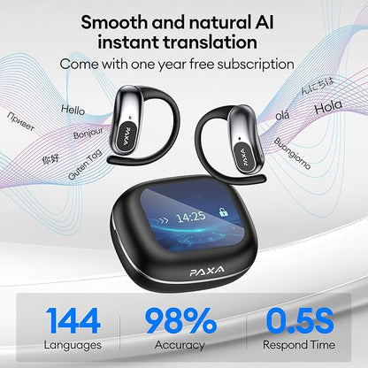 PAXA Ai Translation Earbuds Real Time 3in1 Language Translator Earbuds HD Sound Audifonos Traductores Bluetooth 5.4 Headphones Touch Screen Housing with App for Travel Business Meetings,Black