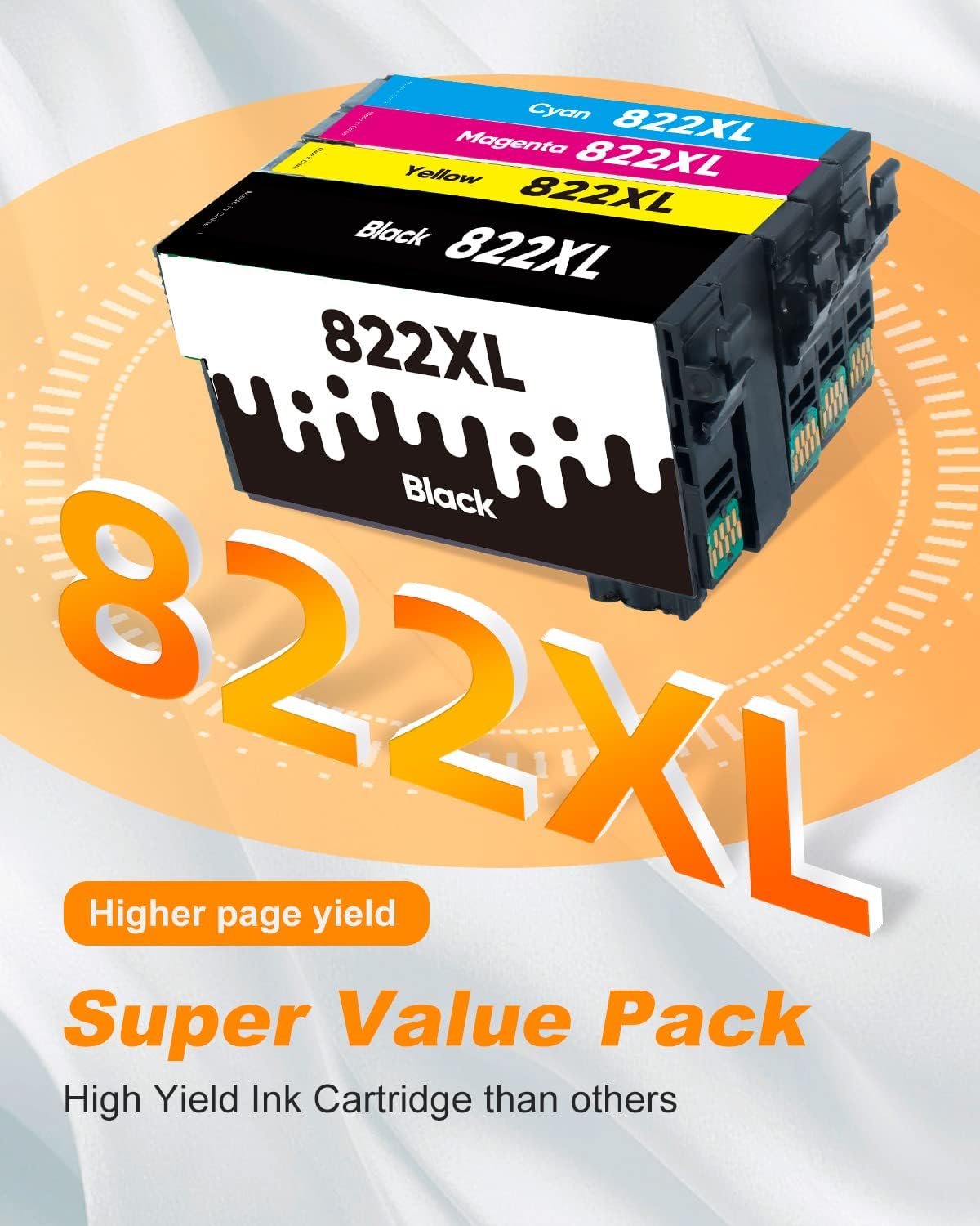 822XL Ink Cartridges Remanufactured Replacement for Epson 822XL Ink Cartridges for Epson 822 822 XL T822 for Epson WF-3820 Printer Workforce Pro WF-4820 WF-4830 WF-4833 WF-3823 Printer（5 Pack, 822XL）