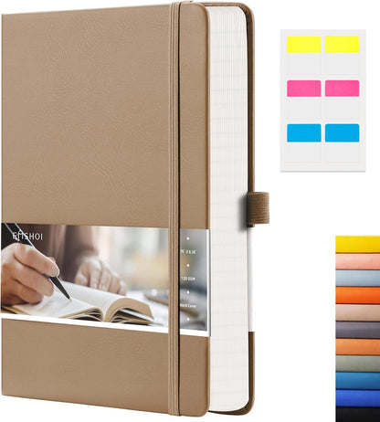 EMSHOI Lined Journaling Notebook - 120gsm Leather Journal with Sticky Notes & 256 Numbered Pages, A5 Hardcover College Ruled Notebook for Work, School, Writing, 5.75”x8.38” - Khaki