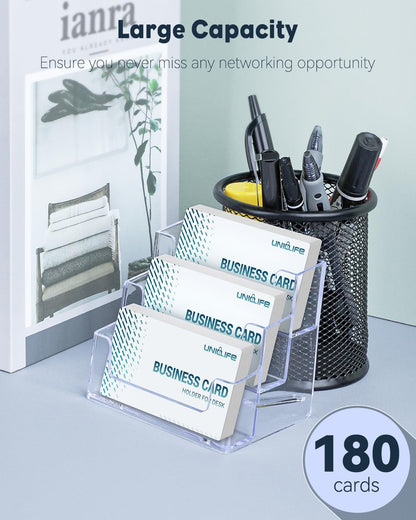 Uniclife 4 Pack Acrylic Business Card Holder for Desk 3 Slots Clear Business Card Display Stand for Men & Women Desktop Business Card Organizer Card Stand for Office Home Exhibition, 180 Card Capacity