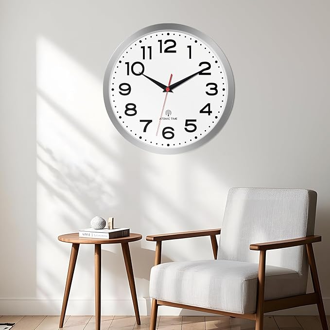 Atomic Wall Clock 12 Inch, Modern Clock Battery Operated Classic Analog Decorative for Kitchen, Living Room, Office, Bedroom, Bathroom (Silver)
