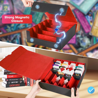 Card Organizer Box, 3000+Trading Card Storage Box, PU Leather Card Organizer Box With 24 Dividers, Magnetic Closure, 4 Supporters, Card Holder Box For Game Sports Card,Red