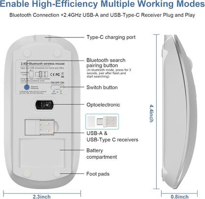 Mouse for Laptop Wireless Bluetooth - MacBook Air Mac Pro PC iPad Optical Rechargeable Silent Mouse with Jiggler Dual Mode Switch Bluetooth 5.2/3.0 and 2.4GHz USB-A and Type-C Receiver Silvery