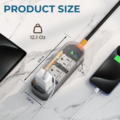 Surge Protector Power Strip,1625W/13A,5Ft Extension Cord with 3 Outlets,Waterproof Class 6 Heavy Duty Extension Cord for Indoor Outdoor,UL FCC IPX6 Listed (Transparent, 5FT)