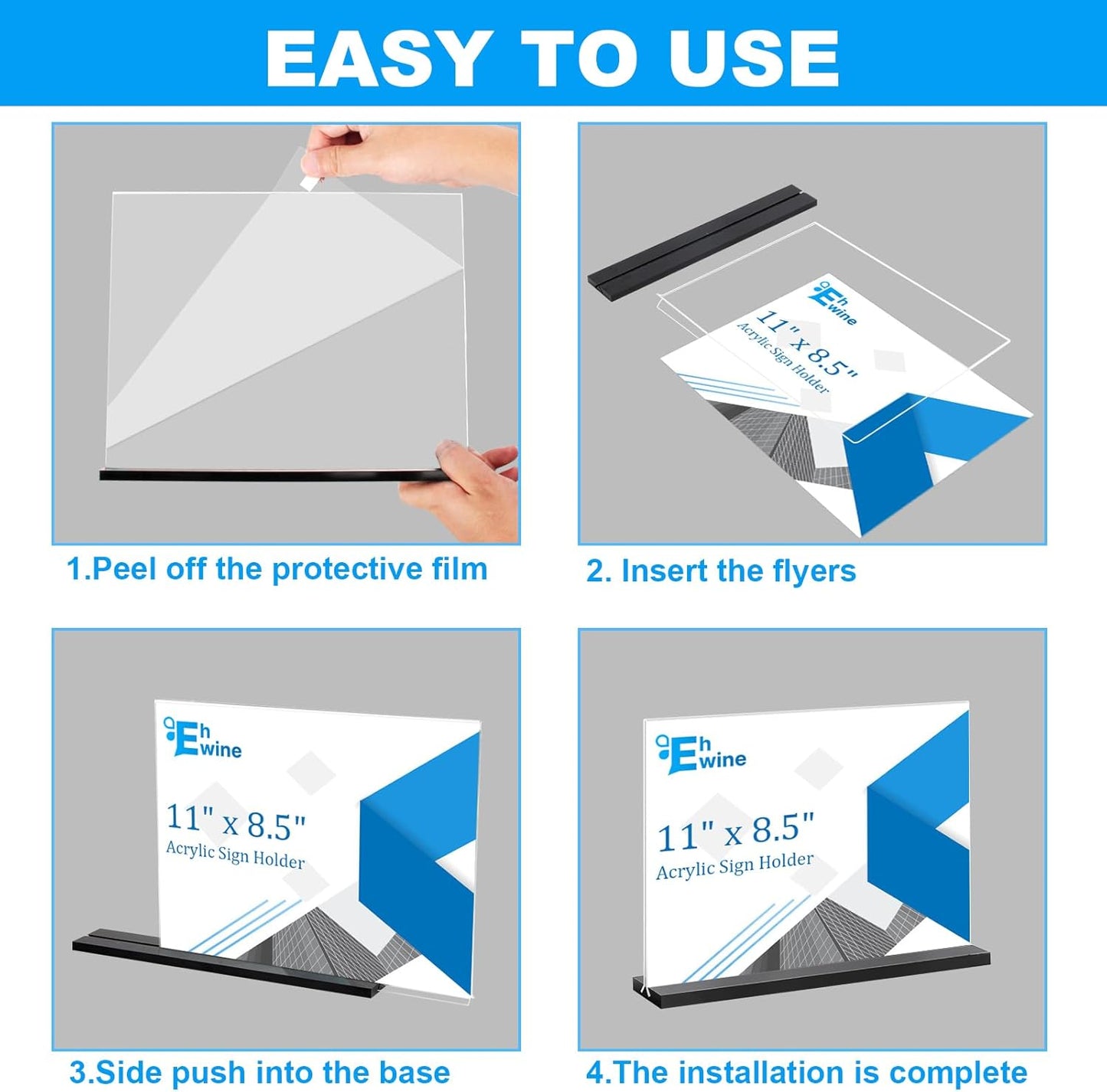 EHWINE 6 Pack Acrylic Sign Holder 8.5 x 11 Horizontal, Double-Sided Stand up Table Top Sign Holders, Clear Acrylic Picture Frame Menu Flyer Paper Holder Display Stand for Office Business Store Wedding Party(Black Base)