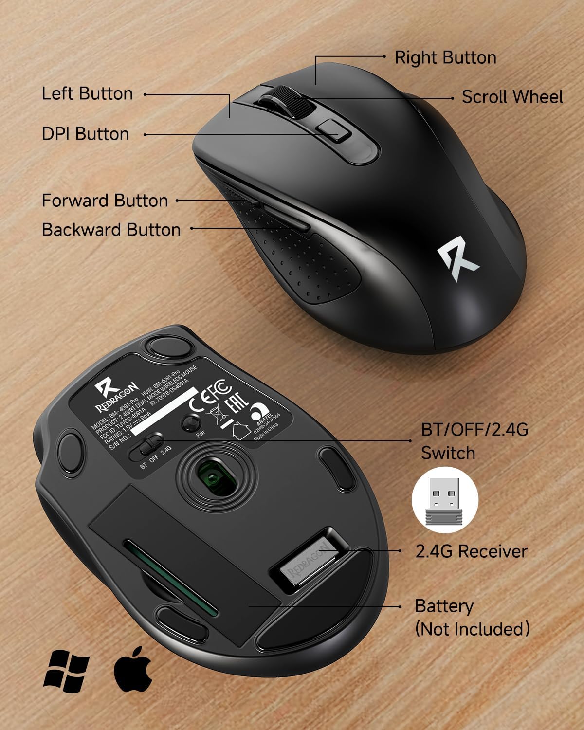 Redragon Wireless Mouse BT5.0/3.0 & 2.4G, 6 Buttons, 5 Level 4000DPI Bluetooth Mouse, 18 Months Battery, Portable Optical Computer Mice for Laptop, PC, Chromebook, Windows, Mac-Black