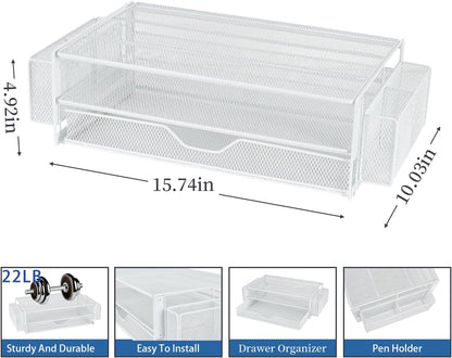 AUPSEN Computer Monitor Stands Riser，2-Tier Desk Organizers and Accessories, Office Desk Accessories Organizer with Drawers and 2 Pen Holder for Office Supplies (White)
