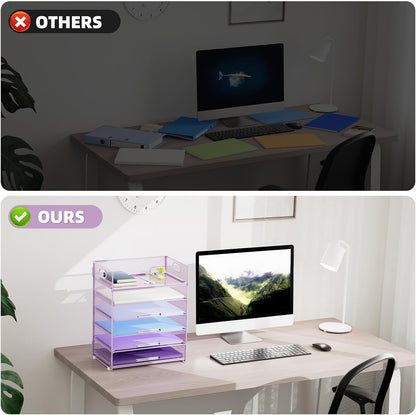 Marbrasse 6 Tier Paper Organizer Letter Tray - Mesh Desk File Organizer with Handle, Paper Sorter for Letter/A4 Office File Folder Holder - Purple