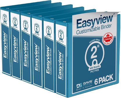 Easyview Premium 3-Ring Binders with Clear-View Covers and Round Rings, Binders for School or Office, 2 Inch, Pack of 6, Turquoise Blue