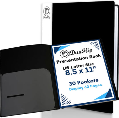 Presentation Binder with 30 Plastic Sleeves, 60 Pages 8.5x11 Display Book - Art Portfolio Organizer for Documents, Artworks, Certificates, Projects, Photos - Black