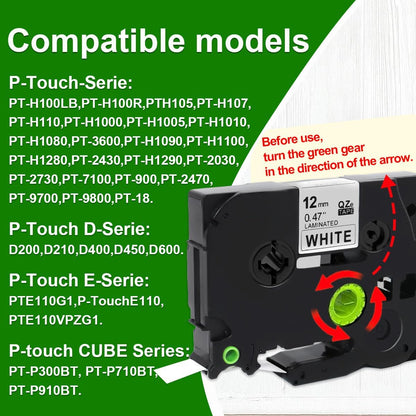Label Tape Compatible with Brother Tze-231, 12mm 0.47" Black on White Laminated Tape for P-Touch Label Maker PT-D210 D220 H110 D410 P710BT H111 1070, 6 Pack