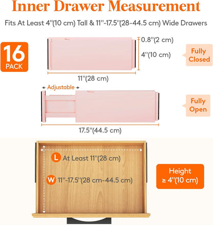 Lifewit 16 Pack Drawer Dividers 4" High, 11-17" Adjustable Drawer Organizers for Clothes, Expandable Dresser Separators in Bedroom/Bathroom/Kitchen/Fridge/Office Organization and Storage, Pink