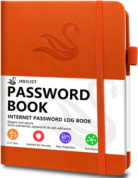 Elegant Password Book with Alphabetical Tabs - Hardcover Password Book for Internet Website Address Login - 7" x 10" Password Keeper and Organizer w/Notes Section & Back Pocket (Orange)