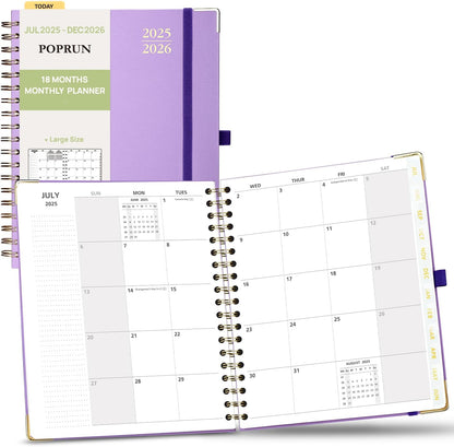 POPRUN Monthly Planner 2025-2026 Spiral Hardcover (8'' x 10''), 18 Months Calendar (Jul.2025 - Dec.2026)- 2 Pages per Month with Dotted Note Pages, Sunday Start, Laminated Tab - Violet