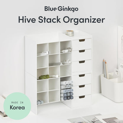 BLUE GINKGO Hive Stack Desk Organizer – Stackable Pen Holder, Stationary Organizer with Drawers - Office Storage, School Supplies, Makeup (Made in Korea, White)