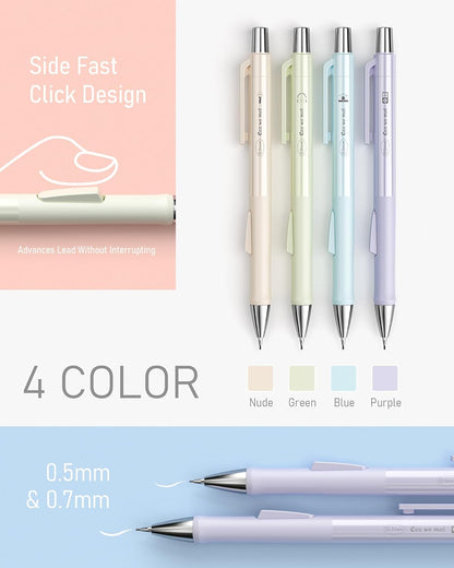 Nicpro 4 PCS Pastel Mechanical Pencil 0.7mm, Cute Fast Click Mechanical Pencils Set with 8 Tubes HB Lead Refills, Erasers, Eraser Refills for School, Student Writing, Drawing, Sketching - with Case