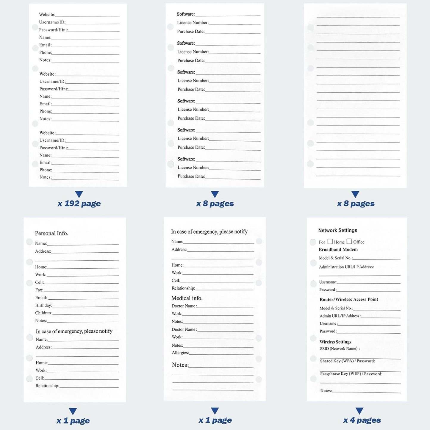 A6 Password Book Refills - 576 Entires Password Notebook Refill Paper with Alphabetical Tabs, Large Print Internet Log Book Replacement Pages, 224 Pages, 6.8in x 4.1in