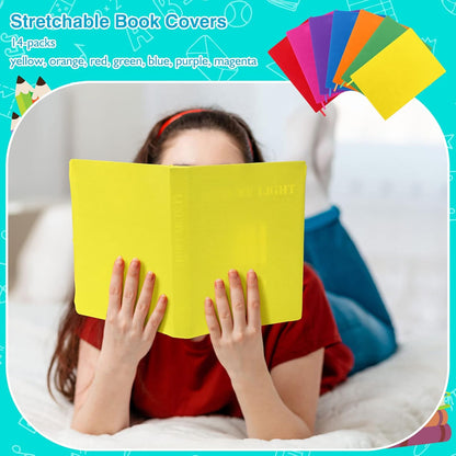 Sherr 14 Pack Stretchable Book Covers Reusable Jumbo Bookcloth 9" x 11" Durable Washable Back to School Book Cover Protector for Most Hardcover Books Textbooks(Bright,Classic)