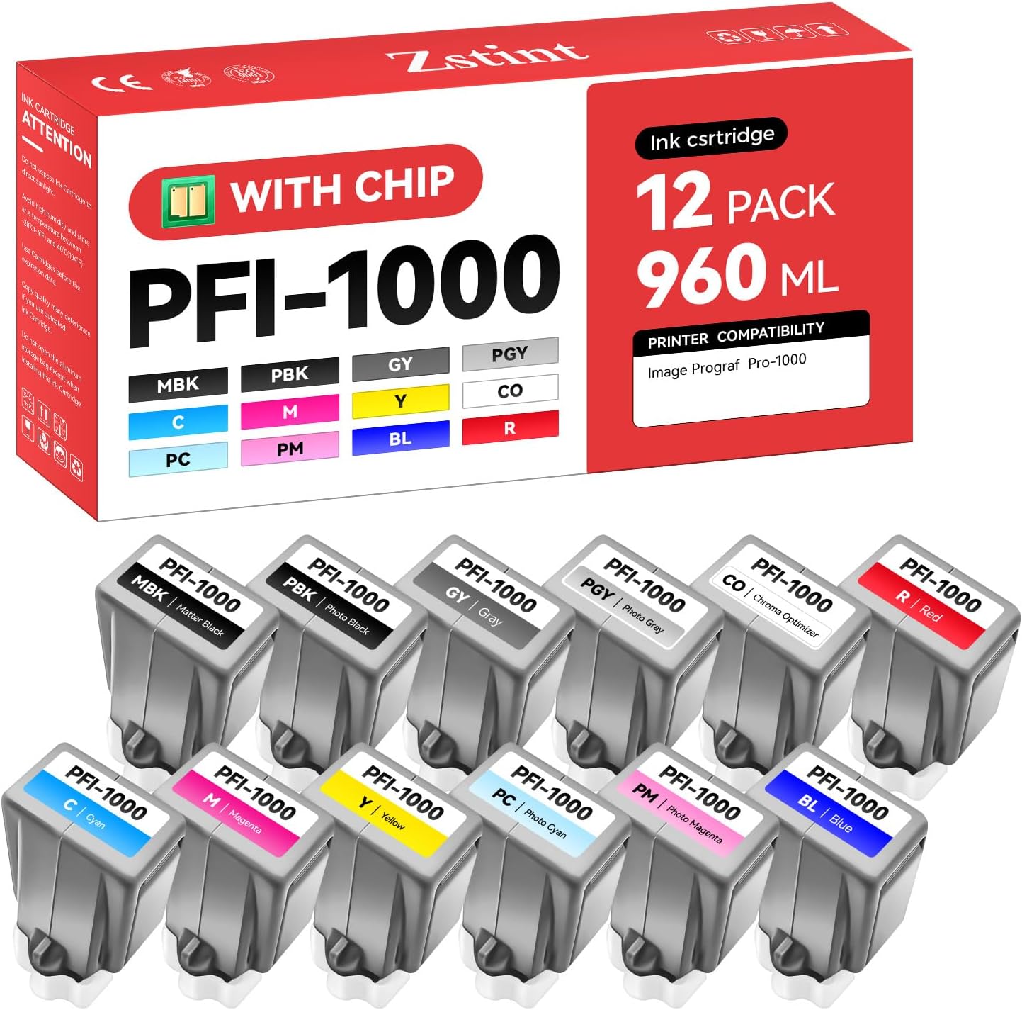 PFI-1000 Ink Tank set 12-Pack 80ml High Capacity with Chip Replacement for Canon PFI-1000 PFI1000 Ink Cartridges Compatible for Canon ImagePROGRAF PRO-1000 Printer Photographic Inkjet Color Twelve Ink