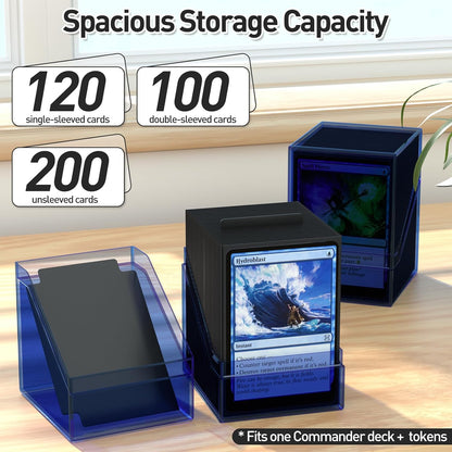 Mlikero Card Deck Cases, Acrylic Commander Deck Box Holding 100+ Sleeved Cards with Dividers, Clear Card Storage Box Fit for MTG, TCG, Sports Cards (Dark Blue)
