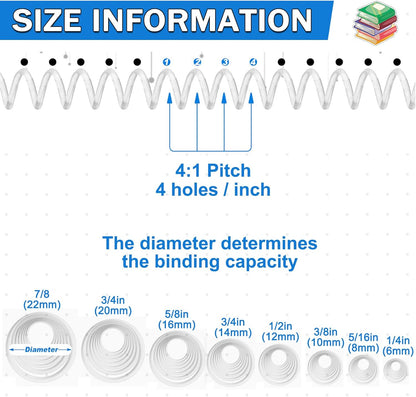 120 Pack Plastic Spiral Binding Coils Binder Binding Spirals Rings 8 Size Spiral Binding Wire Combs Spines Coils, 4:1 Pitch, 1/4 5/16 3/8 1/2 9/16 5/8 3/4 7/8 Inch (Transparent)