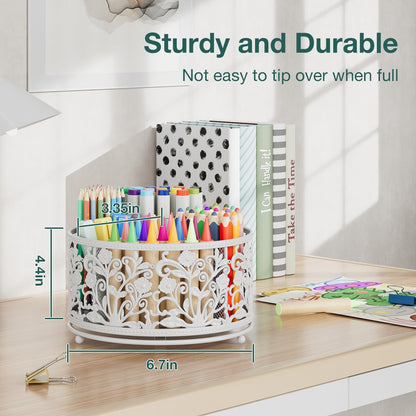 EKNITEY Rotating Mesh Desk Organizer - 4 Slots Cute Pen Pencil Holder Caddy for Office Art Supplies Home School Classroom White