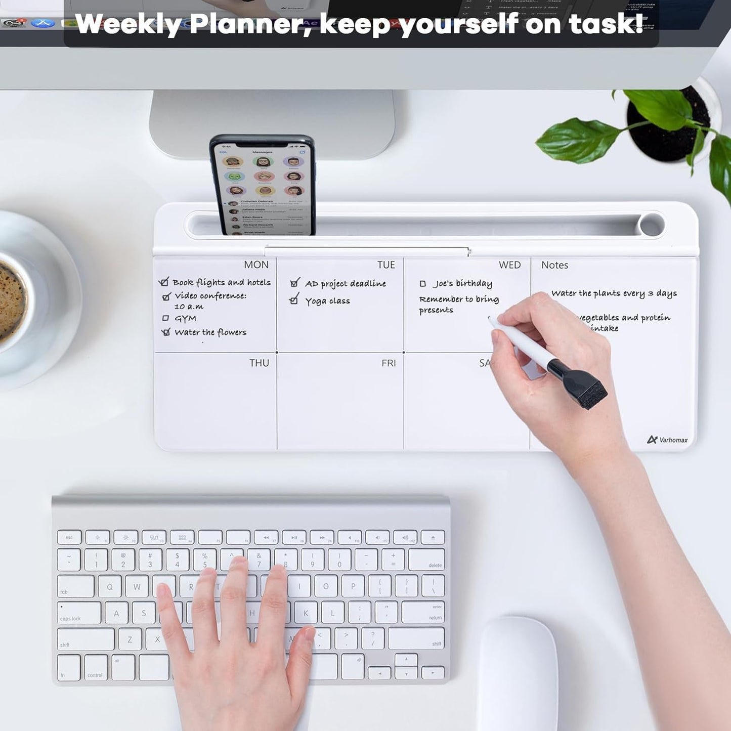 Varhomax Glass Weekly Dry Erase Desk White Board, Desktop to Do List Planner Whiteboard Calendar with Storage Caddy Memo for Home and Office, White