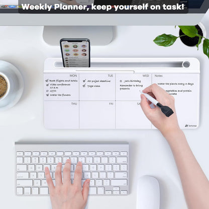 Varhomax Glass Weekly Dry Erase Desk White Board, Desktop to Do List Planner Whiteboard Calendar with Storage Caddy Memo for Home and Office, White