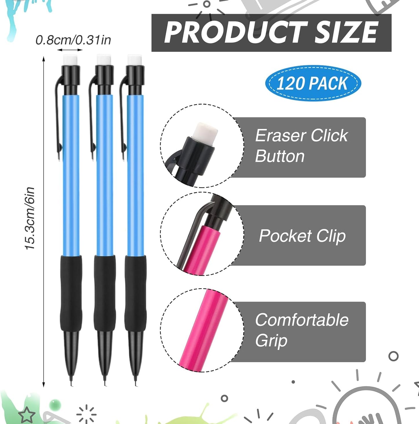 360 Pcs 0.7mm Mechanical Pencils Bulk Set Include 120 Mechanical Pencil 120 HB Lead Refills 120 Erasers for Art Office Classroom School Student Writing Drawing Sketching Supplies