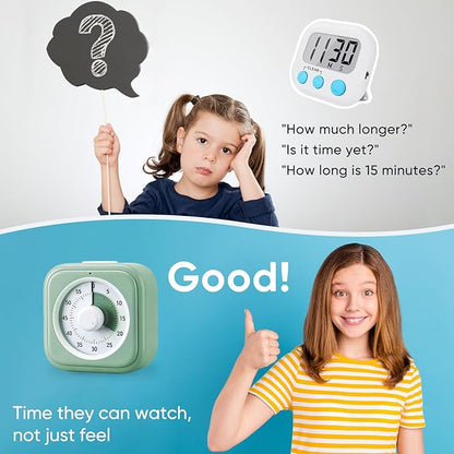 60 Minute Visual Timer for Kids, Silent Countdown Clock, Time Management Tool for Homeschool Study Supplies, Classroom, Home, Kitchen, Desk (Green)