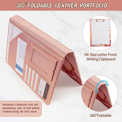 Leather Portfolio Binder Folder Storage Clipboard Pink Padfolio for School Side Straps Document Organizer