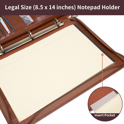 Genuine Leather 3 Ring Binder Portfolio, 8.5 x 14 Legal Size Pad Holder, Hidden Handle, Zippered Padfolio with 15” Laptop Organizer, Professional Business Folio for Men Women, Brown, Oil Tanned